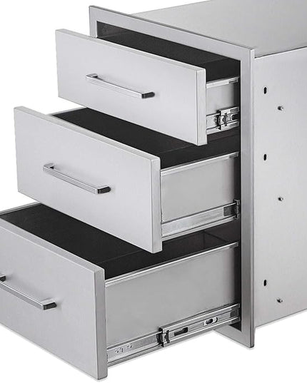 Outdoor Kitchen Drawers Stainless Steel 3-Drawer BBQ Drawer 16" W x 21" H x 23" D Enclosed Built-in Drawer Flush Mount for Outdoor Kitchens & BBQ Islands