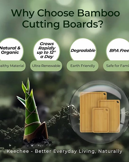 Wood Cutting Board for Kitchen - Reversible Bamboo Cutting Boards Gift Set of 3 with Juice Groove, Wooden Chopping Board for Meat, Fruit, Vegetables & Cheese (Pre Oiled, Natural)