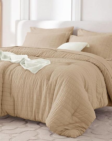 MUXHOMO 7 Pieces Full Comforter Set, Seersucker Bed in a Bag Full Size, All Season Luxury Bedding Set with Comforter, Flat Sheet, Fitted Sheet, Pillowcases & Shams, Khaki