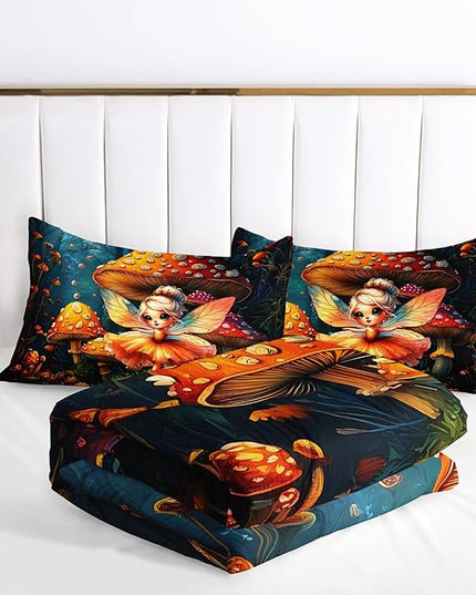 AILONEN Cartoon Butterfly Fairy Twin Size Comforter Set for Girls Kids,Mysterious Mushroom Forest Duvet Set 3Pcs,Beautiful Dancing Fairy Comforter with 2 Pillowcases