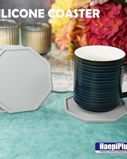 6 Pieces Silicone Coasters, Octagon Shape Hot Cup Mat for Drinks, Heat Resistant Glass Cushion, Coffee Coaster for Table, Desk, Kitchen, Office, Bar Protection (Grey)