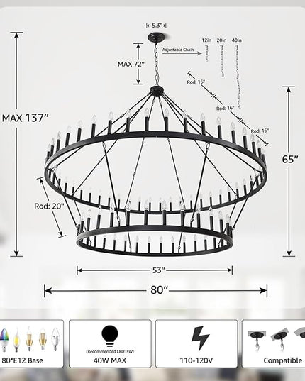 80-Inch Black 2 Tier Wagon Wheel Chandelier, 80-Light Double Tier Extra Large Foyer Lighting, Candle Industrial Round Iron Chandelier for High Ceilings, Dining Room, Entryway, E12