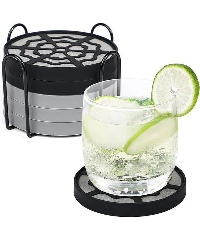 Koluti 6 Pieces Diatomaceous Earth Coasters with Holder, Desk Absorbent Coasters for Drink, with Soft Silicone Cover, 4.0”x 0.5”Water Instant Drying Round Stone Tray for Coffee Table