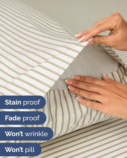 Extra Deep Full Sheet Set - 6 Piece Breathable and Cooling Sheets - Hotel Luxury Bed Sheets Set - Easy Fit - Soft, Wrinkle Free and Comfy Sheets Set - Beige Striped Sheet Set with Extra Deep Pockets