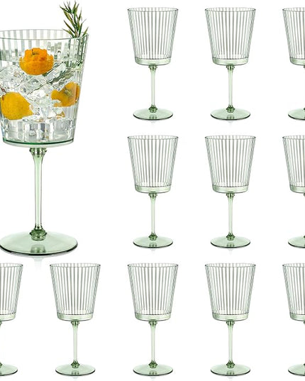 12 PCS Green Plastic Wine Glasses with Removable Stems 13.5 Oz Ribbed Wine Glasses Square White Wine Glass Muted Pastel Colors Goblets Elegant Fluted Glassware for Wedding Anniversary Birthday