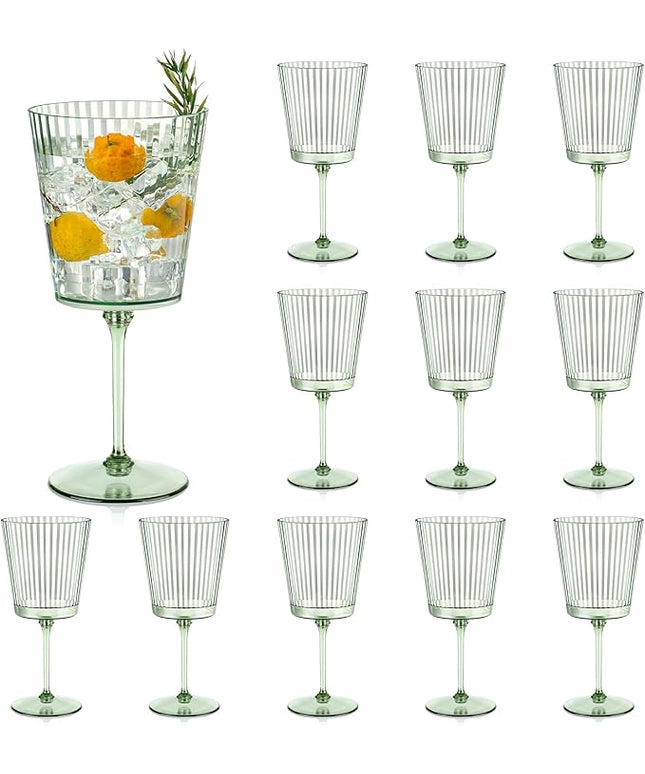 12 PCS Green Plastic Wine Glasses with Removable Stems 13.5 Oz Ribbed Wine Glasses Square White Wine Glass Muted Pastel Colors Goblets Elegant Fluted Glassware for Wedding Anniversary Birthday