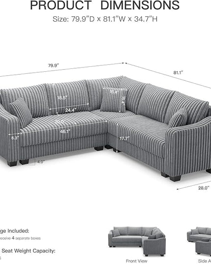 Belffin Convertible Sectional Couch with Chaise Corner Sectional Sofa L Shaped Couch Reversible Corner Upholstered Couches for Living Room Corduroy (Light Grey, V Shaped)