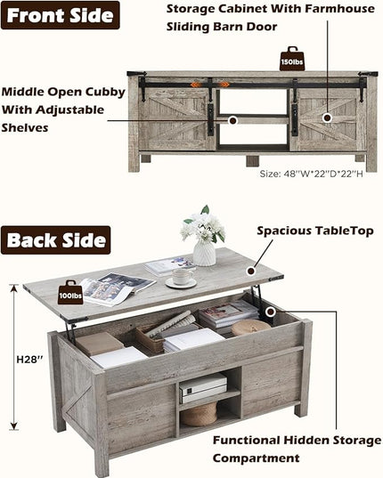 OKD 48" Farmhouse Lift Top Coffee Table with Sliding Barn Door, Rustic Center Table w/Hidden Storage Compartment, Lift Tabletop Dining Table w/Adjustable Shelf for Living Room,Light Rustic Oak