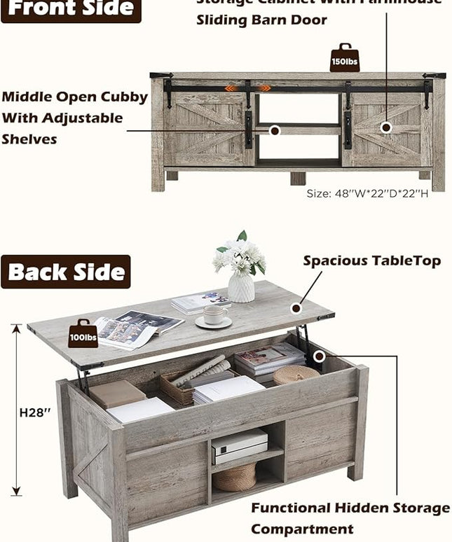 OKD 48" Farmhouse Lift Top Coffee Table with Sliding Barn Door, Rustic Center Table w/Hidden Storage Compartment, Lift Tabletop Dining Table w/Adjustable Shelf for Living Room,Light Rustic Oak