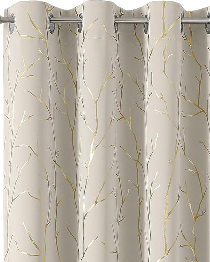 BUHUA Blackout Curtains 72 Inches Length, Thermal Curtain for Bedroom 2 Panels Set, Room Darkening Curtains with Gold Shinny Branches Tree Patern, 52W×72L Natural