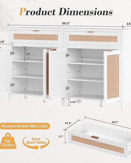 YOUDENOVA 60.3" Sideboard Buffet Cabinet, Rattan Cabinet Cupboard Console with 4 Doors & 2 Drawers, Boho Coffee Bar Table with Adjustable Shelves for Dining Room, Living Room, White