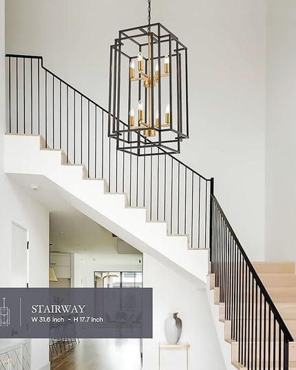 8-Light Lantern Tiered Pendant Light Fixtures, Black Metal Farmhouse Chandelier Hall Foyer Hanging Chandelier for Kitchen Island Dining Room Living Room Foyer Entryway, Black+Gold