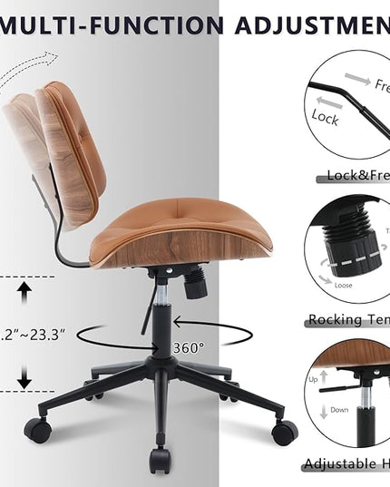 Armless Home Office Chair with Wheels, PU Leather Adjustable Height Computer Desk Chair, 360 Swivel Small No Arms Chair, Modern Button Walnut Style for Office, Reading Meeting Room(Brown)