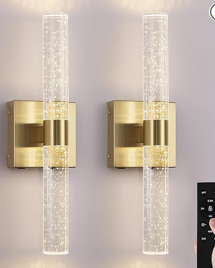 Battery Operated Crystal Wall Sconce 2-Pack Rechargeable Modern Vanity Light Fixtures, 3000K-6000K Dimmable Gold LED Wireless Wall Lights for Bathroom Bedroom Living Room Hallway