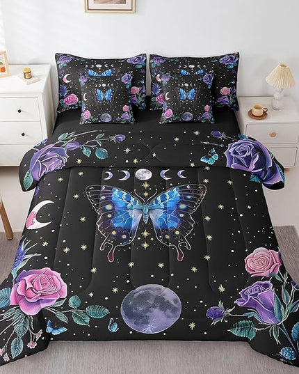 Feelyou Boys Girls Blue Moth 7 Pieces Bedding Sets Queen Size, Boho Aesthetic Bed in A Bag Star Moon Comforter Set with Sheets Kids Flower Teens Bed Set Room Decor