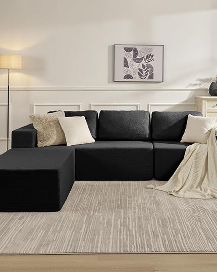 106" 3-Seater Sofa, Cloud Modular Sofa with Certified Foam, Upholstered Floor Sofa with Deep Seat, Upholstered Sofa for Bedroom Living Room, No Assembly Required (Black, Teddy Boucle)