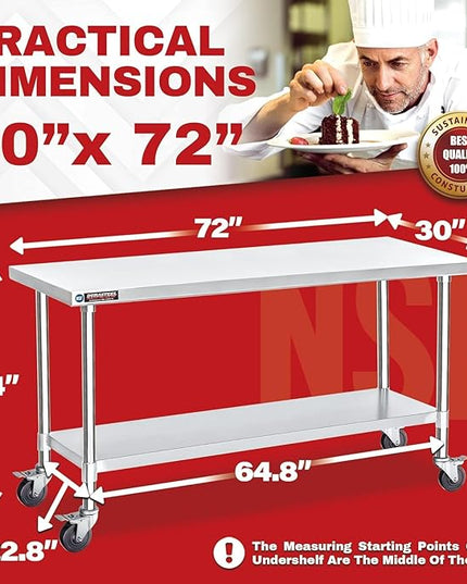 DuraSteel 30x72 NSF Stainless Steel Cart Work Table - Heavy Duty Rolling Food Prep Table Countertop Island - Metal Utility Cart on Wheels Caster, Grill Stand Storage Outdoor Kitchen Tables Bar Top