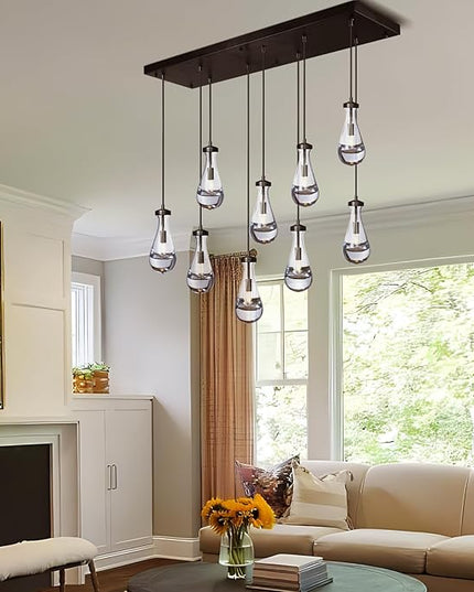 Raindrop 9-Light Chandelier for Dining Room, Black Rectangular Teardrop Pendant Lights with Hand-Blown Glass, Adjustable 138" Ropes, Light Fixture Over Table, Kitchen Island, Entryway, Foyer