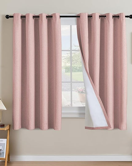 H.VERSAILTEX Linen Curtains 100% Blackout Curtains for Bedroom 63 inch Long Full Light Blocking Nature Linen Blended Window Curtains for Living Room Nickel Grommet (2 Panels, Heathered Baby Pink)