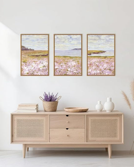 HOURIA Watercolor Pink Floral Coastal Landscape Framed Canvas Wall Art Set,Nature Inspired Wildflower & Meadow Cottage Field Wall Decor,Modern Seaside Beach Artwork for Living Room,Farmhouse-24"x36"x3