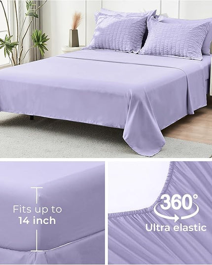 HYMOKEGE Light Purple Queen Comforter Set Seersucker 7 Pieces, All Season Luxury Bed in a Bag Queen for Bedroom, Bedding Set with Comforter, Sheets, Pillowcases & Shams