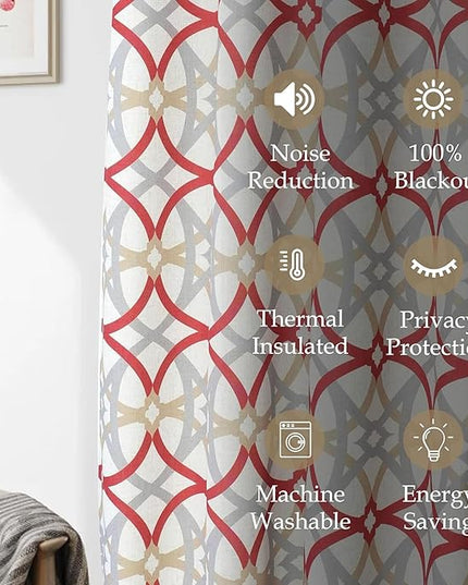 DriftAway Alexander 100% Blackout Curtains for Living Room Linen Blend Pattern Match Thermal Insulated Room Darkening Geo Moroccan Mid Century Grommet Bedroom Drapes 2 Panels 52 x 63 Inch Linen Red