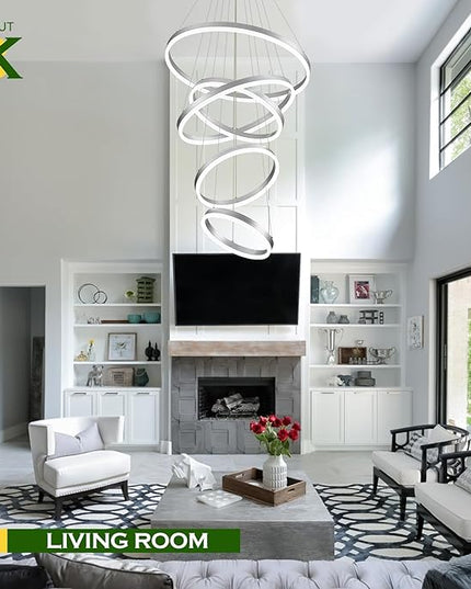 5-Rings Modern LED Chandelier Silver High Ceiling Chandelier with Remote Control Dimmable Pendant Lighting for Dining Room Foyer Living Room Entryway Staircase(3000K-6500K, D23.6’’)