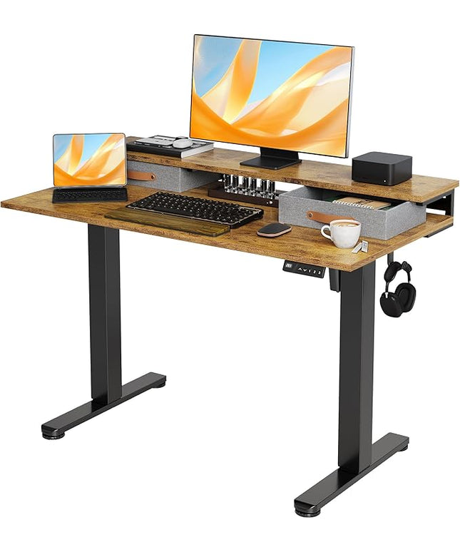 Claiks Electric Standing Desk with 2 Drawers, Adjustable Standing Desks with Storage, Height Adjustable Stand up Desk for Home Office with 2 Hooks,48 Inch Ruist Brown