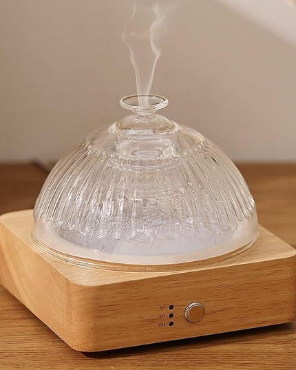 Glass Essential Oil Diffuser with Glass Reservoir & WoodBase, 200ml Ultrasonic Lock Color Timer Auto-Off 7 Color Light Aroma Glass Dome Diffuser for Home Office Bedroom Yoga
