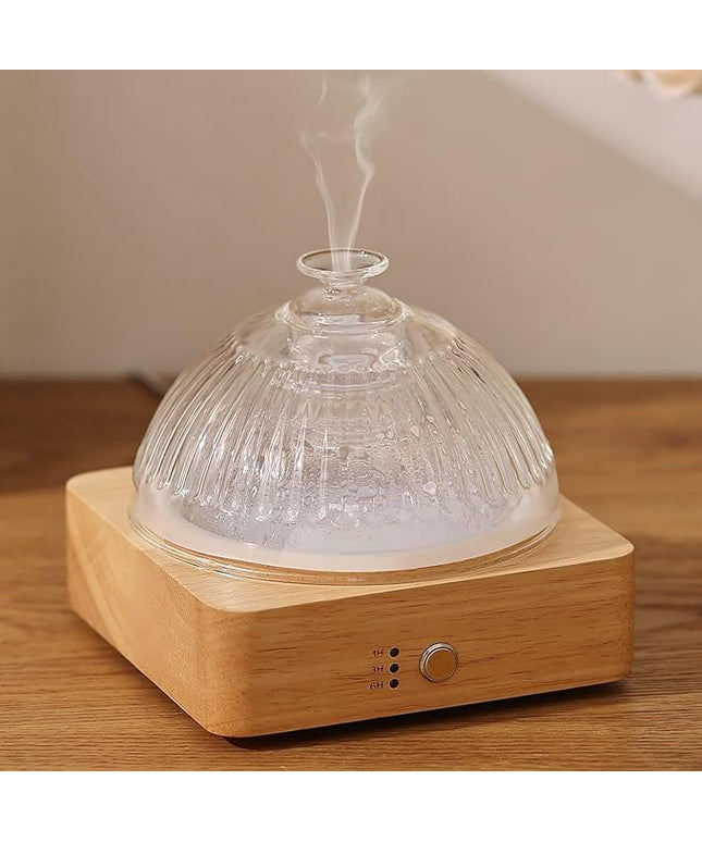 Glass Essential Oil Diffuser with Glass Reservoir & WoodBase, 200ml Ultrasonic Lock Color Timer Auto-Off 7 Color Light Aroma Glass Dome Diffuser for Home Office Bedroom Yoga