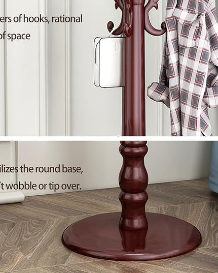 Coat Rack Freestanding, Wooden Coat Tree with Stable Round Base, Vintage Heavy Duty Coat Rack Stand with 14 Hooks, Coat Hanger Stand for Bedroom, Office, Entryway (Mahogany)