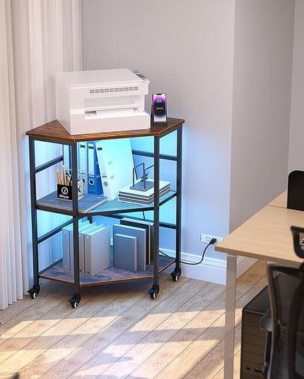HAIOOU Corner Printer Stand Table with Power Outlet Charging Plugs USB Port & LED Lights, 3-Tier Corner Table with Wheel, Metal Frame Adjustable Storage Shelf for Home Office Kitchen