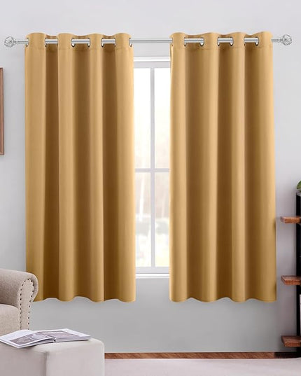 HOMEIDEAS Gold Blackout Curtains for Bedroom 52 X 63 Inch Length 2 Panels Set Room Darkening Bedroom Curtains, Soundproof Thermal Grommet Window Curtains for Living Room