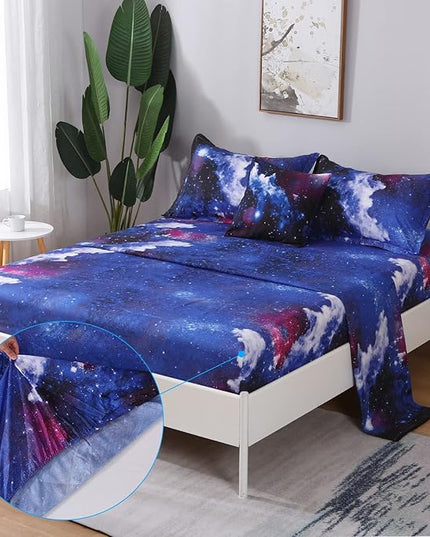 JQinHome Full Galaxy Comforter Sets 6 Piece Bed in A Bag, Outer Space Themed Bedding for Children Boy Girl Teen Kids - (1 Comforter, 1 Flat Sheet, 1 Fitted Sheet, 2 Pillowshams, 1 Cushion Cover)