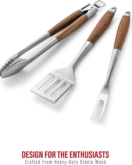 Heavy-Duty Dikela Wooden BBQ Grilling Tools Set. Extra Thick Stainless Steel Multi-Function Spatula, Fork & Tongs | Essential Accessories for Barbecue & Grill. Ideal Gift for Father