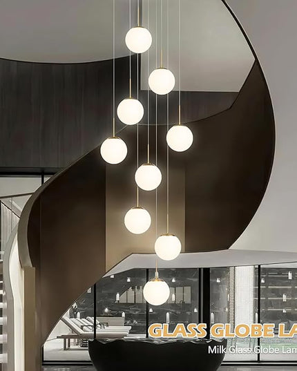 KoKo&Yukina 9-Light Globe Milky White Glass Pendant Light Adjustable Length Pendant Lights Modern Glass Globe Pendant Lights Gold Chandeliers Large Chandeliers for High Ceilings (Bulb & Remote Incl)