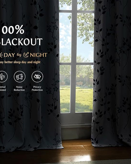 Beauoop Floral 100% Blackout Curtains 63 Inch Length 2 Panels for Bedroom Living Room Navy Blue and White Flower Patterned Room Darkening Thermal Soundproof Grommet Window Treatments Drapes, 52X63