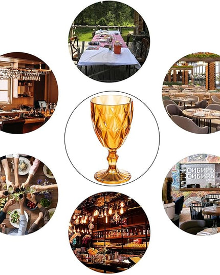 24 Pack Vintage Wine Glasses, Plastic Reusable 12 Ounce Colored Water Goblets, Unique Embossed Pattern Unbreakable Stemmed Wine Glasses High Clear Wedding Party Bar Drinking Cups Amber