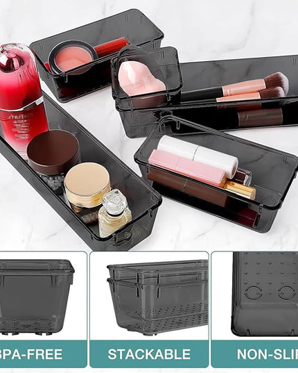 10 PCS Drawer Organizer Set, 4 Varied Size Bathroom and kitchen Drawer cabinet organizer Trays, Clear Storage Bins for Makeup, Jewelry, Utensils and Gadgets, Black