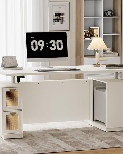 71" Standing Desk with Storage, Large One-Piece Desktop, Electric Height Adjustable Stand Up Executive Desk, Privacy Panel, AC/USB, Host Storage, White Rattan
