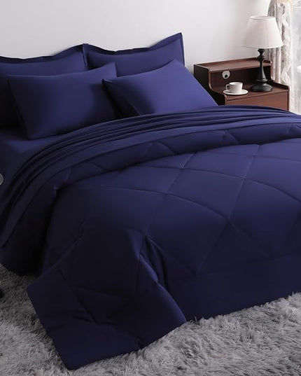 NTBAY King Comforter Set with Sheets, 7 Pieces Soft and Breathable King Bedding Set, Bed in a Bag, Down Alternative Comforter Set Solid Color All Season, Navy Blue