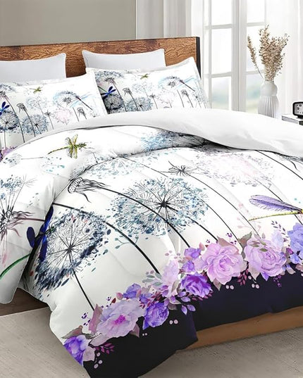 Twin Size Comforter Set with Pillowcase, Spring Dragonfly Purple Flower 2 Pcs Bedding for Kids and Adults, Vintage Summer Botanical Soft Comforter Set for Bedroom Bed Decor