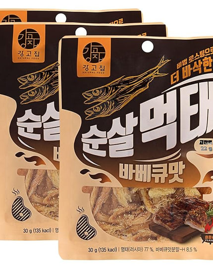 Kanggojip Roasted Boneless Dried Pollack Korean Meoktae, 먹태, BBQ Flavor Seasoning, Bite Sized, Ready to Eat, Great for Parties, Camping, Travel, or as a Snack or Bar Food_1.05oz (30g) x 3ea