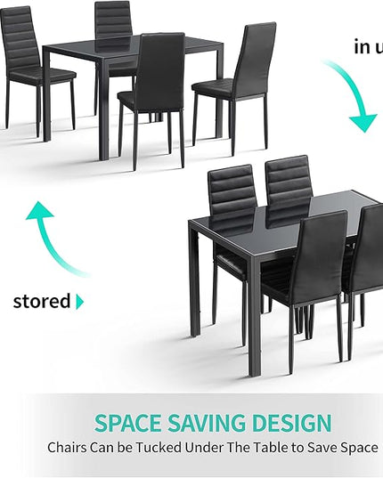 Gizoon 5 Piece Glass Dining Table Set, Kitchen and Chairs for 4, PU Leather Modern Room Sets for Home, Kitchen, Living Room