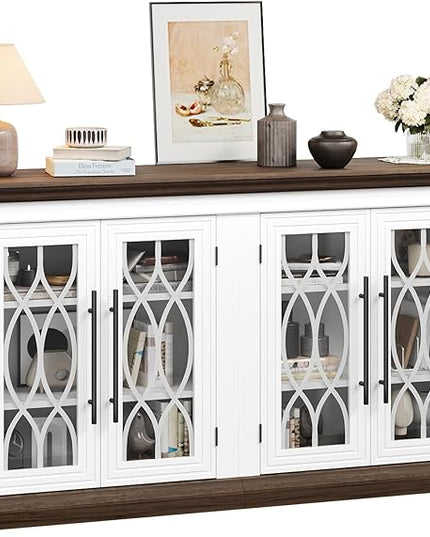 LGHM 60" Sideboard Buffet Cabinet with 4 Screen-Printed Glass Doors, Storage Cabinet with 2 in 1 Modular Design, Versatile Modern Credenza with Adjustable Shelves for Kitchen & Living Room
