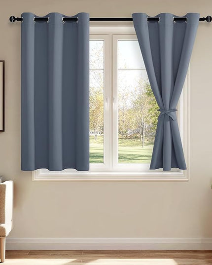 JIUZHEN Blackout Curtains with Tiebacks - Thermal Insulated, Light Blocking and Noise Reducing Grommet Curtain Drapes for Bedroom and Living Room, Set of 2 Panels, 38 x 45 Inch Length, Dusty Blue