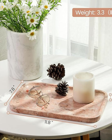 Marble Vanity Tray, Bathroom Tray for Countertop, Decoration Dresser Organizer, Perfume, Jewelry Holder, Red Stone Serving for Kitchen Sink Storage(Spring Rose)