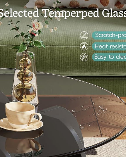 Coffee Table for Living Room Mid Century Modern Round Center Table with Glass Top, Black