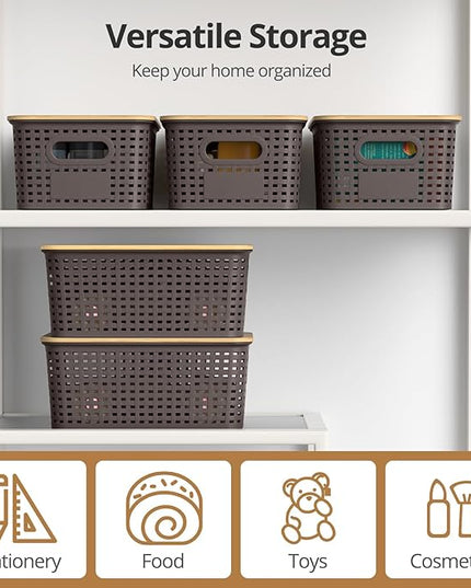 Plastic Storage Baskets with Bamboo Lids, Stackable Small Box Bins for Organizing and Containers for Shelves Drawers Desktop Closet Pantry Classroom Office Home, 6 Pack 10.2x7.2x4.1 Inch, Brown