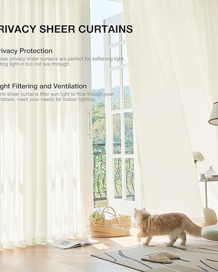 Anmao Non-See-Through Cream Privacy Semi Sheer Curtains for Living Room 45 Inch Length 2 Panels Set, Light Filtering That Let Light in Rod Pocket Window Drapes for Bedroom, 52W x 45L, Beige Yellow